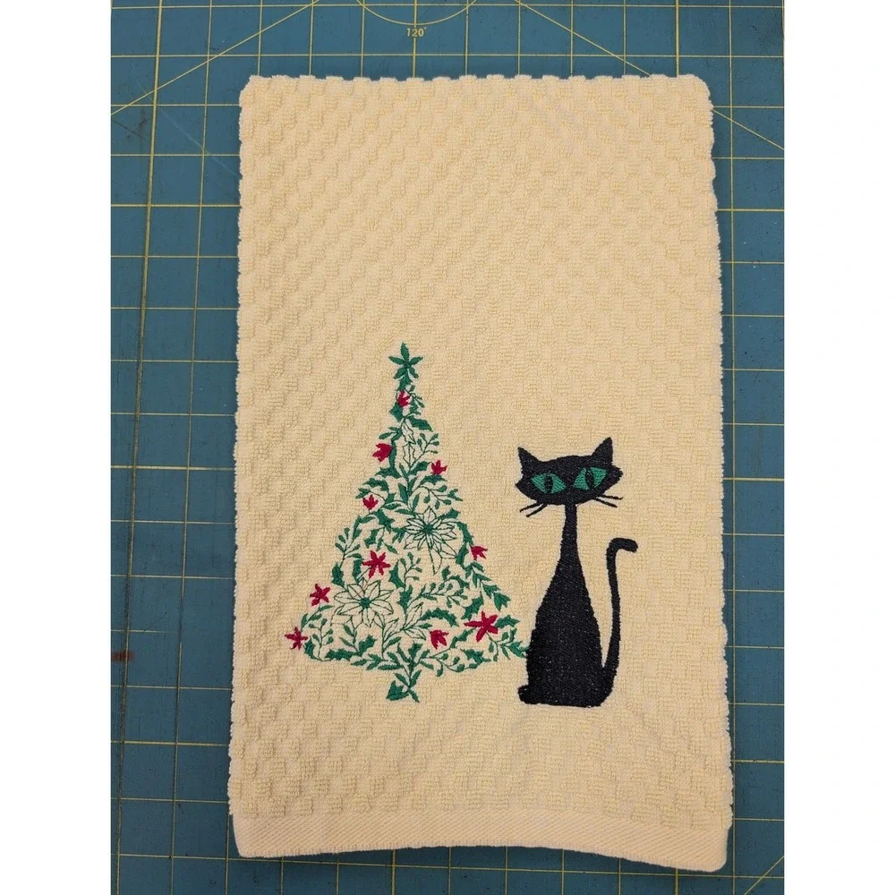 Christmas Tree Retro Mid Mod Cat Mid Century Modern Atomic Kitchen Hand Towel